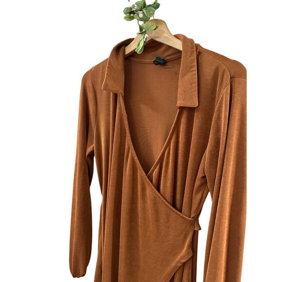 WILD FABLE Camel Long Sleeve Faux Wrap Belted Dress Draped Longline SIZE LARGE - Picture 4 of 7